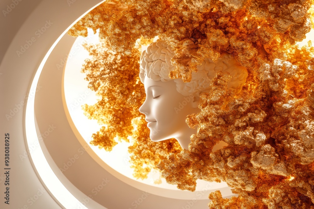 Wall mural Ethereal Face Immersed in a Golden Floral Sphere Representing the Harmony Between Nature and the Human Mind in an Abstract Conceptual Form