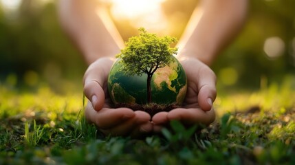 Hands Holding a Miniature Earth With a Tree
