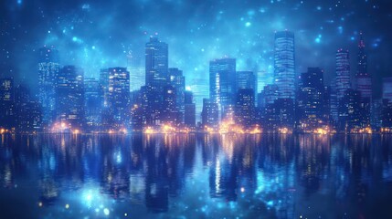 blue city skyline with buildings and lights in the background