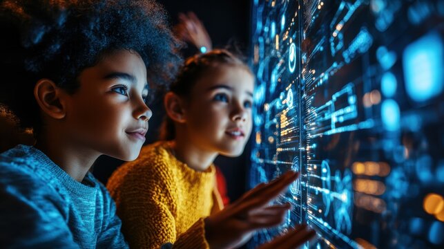 A group of children using AI-powered educational tools and digital technology, embodying the future of education and the enhancement of learning experiences.