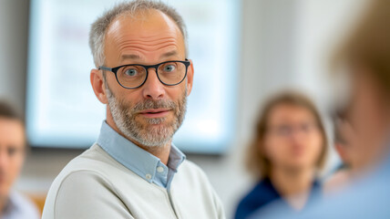 A focused middle-aged man with glasses participating in a business meeting or educational seminar with colleagues in the background.
