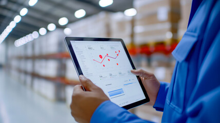 Warehouse worker analyzing data on tablet in storage facility, monitoring logistics and inventory statistics for efficient management.