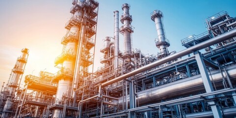 Outdoor steel pipelines weaving through an industrial oil and gas refinery, towering structures and metallic sheen under a clear sky, complex engineering