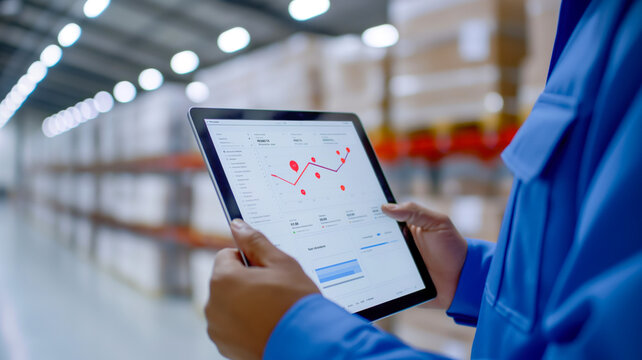 Warehouse worker analyzing data on tablet in storage facility, monitoring logistics and inventory statistics for efficient management.