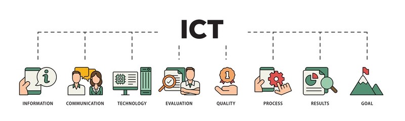 ICT icon infographic illustration concept with icon of antenna, radio, network, website, database, cloud, server, data, electronic, and processor icon png and easy to edit 