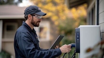 A qualified technician installs an EV charging station at a home, troubleshooting and configuring the laptop-based charging system for electric vehicles.