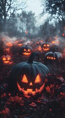 Fototapeta premium Glowing Jack o Lantern in Spooky Forest