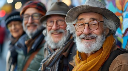 Fototapeta premium Happy Senior Group Smiling Together Outside on City Street with Colorful Street Art