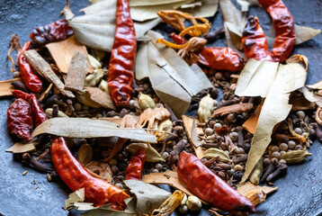 A close-up of garam masala being fried in a karai on a gas stove to cook the meat. After roasting,...
