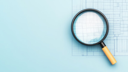 Magnifying glass over architectural blueprints, highlighting detailed designs and measurements, symbolizes precision in planning and construction processes.