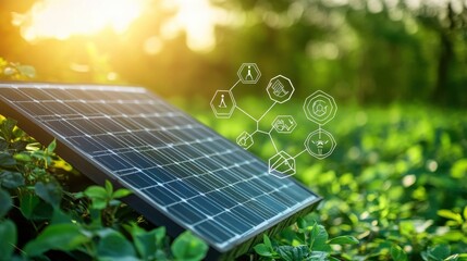 A rooftop solar panel and ESG icons, positioned against a vivid green backdrop, represent sustainable and moral energy practices in this clean energy concept.