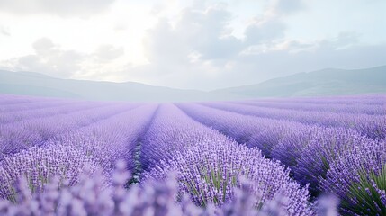 Fototapeta premium A stunning photograph of a lush full bloom lavender field set against a tranquil rural landscape The serene vibrant purple hues create a calming