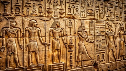 Ancient Egyptian hieroglyphics adorn a worn stone wall, surrounded by intricate carvings and mysterious symbols, evoking an air of mystique and forgotten history.