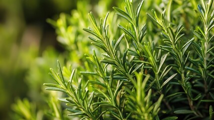 Naklejka premium Close-up of fresh rosemary sprigs in a garden, aromatic herbs for cooking and seasoning, nature background