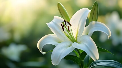 Obraz premium Captivating Close up of a Radiant Lily Bloom in an Exquisite Garden Setting with Ample Negative Space for Copy or Text Overlay