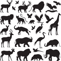 silhoutte animals of savanna, all of is mamalia, silhouettes on a white background. Perfect for designs about animals
