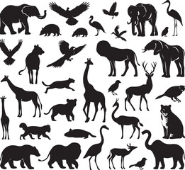 silhoutte animals of savanna, all of is mamalia, silhouettes on a white background. Perfect for designs about animals