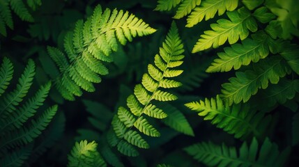 Obraz premium Close-up of vibrant green fern leaves with delicate fronds, nature texture and organic background, space for text