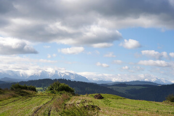 Autumn in the mountains, view from a field in Pieniny Mountains