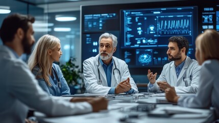A modern hospital meeting room is used by the Medical Team Group and nurses to discuss patient data displayed on digital screens, emphasizing teamwork and technology.