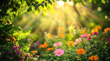 Obraz premium Colorful summer flowers in full bloom, lush garden with vibrant petals and green leaves, warm sunlight filtering through the trees, peaceful nature scene