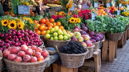 Obraz premium Farmers market with baskets of fresh produce, vibrant summer vegetables, fruits, and flowers on display, lively outdoor shopping scene