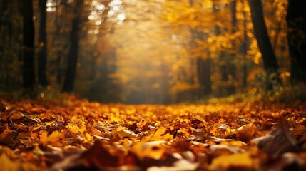 Obraz premium Golden autumn leaves on a forest floor, seasonal transition and nature beauty, peaceful walk in the woods