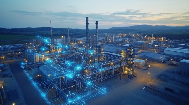 An aerial view of a sophisticated industrial area paired with graphics of a communication network highlights the significance of connectivity in contemporary industry.