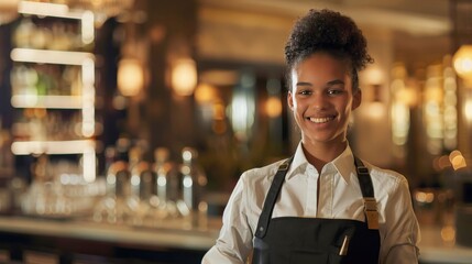 Fototapeta premium A smiling young woman bartender stands behind the bar in a restaurant.