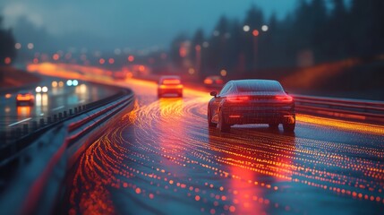Fototapeta premium A highway drive, with vehicles surrounded by flowing digital waves, highlighting advanced auto safety technology and smart road systems.