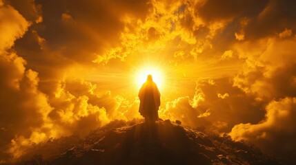 Jesus silhouette on a hill crest, surrounded by a glowing sun and dramatic clouds, representing a prophet's visionary dreams. © เลิศลักษณ์ ทิพชัย