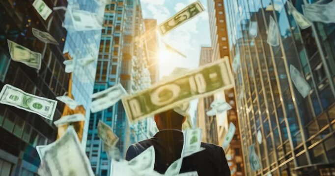 dollar money falling from sky slow motion in business office city skyscraper building district, businessman looking up. concept of free raining money win earn receive