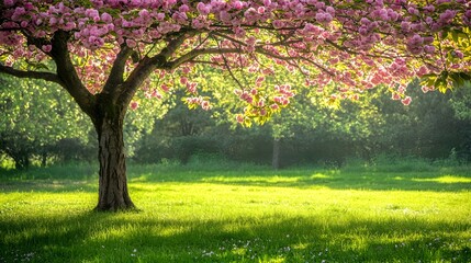 Naklejka premium Vibrant Cherry Tree in Full Bloom Providing Ample Space on the Side for Graphic or Text Overlay