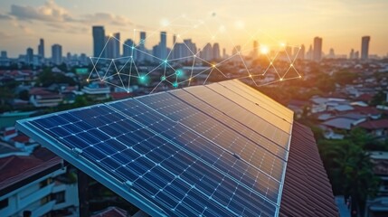 Rooftop solar panel setup with ESG icon concepts in the background, emphasizing the role of clean energy in achieving environmental and societal goals.