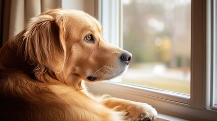 Golden retriever looking out of a window with a thoughtful expression, peaceful pet and serene home environment