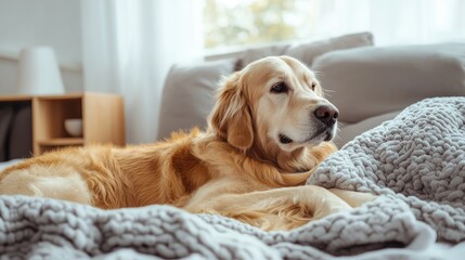Golden retriever lying on a cozy bed, relaxed pet and comfortable home, warm and inviting atmosphere, space for text