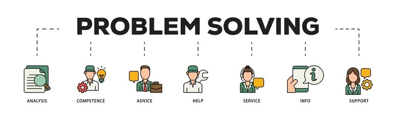 Naklejka premium Problem solving icon infographic illustration concept with icon of analysis, critical thinking, creativity, emotional intelligence, research, team building icon png and easy to edit 