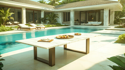 Fototapeta premium a pool with a palm tree and a luxurious house in the background