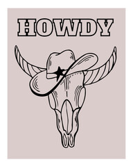 Wild west cow skull in cowboy hat. Hand drawn black outline western core vector illustration. Trendy Howdy poster.