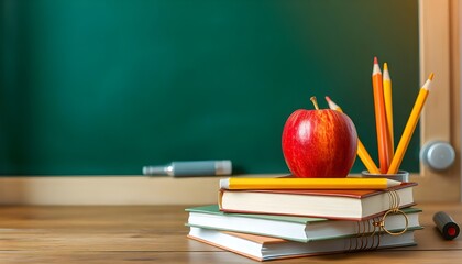 apple on books with pencils and empty blackboard - back to school, gentle pastel backdrop for educational readiness promotional posters, banner, template, flyer created with generative ai