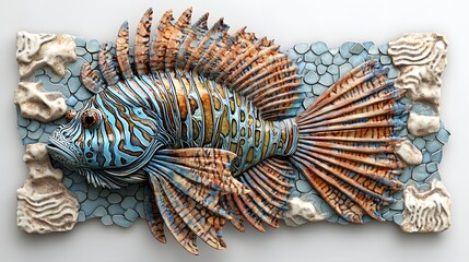 Naklejka premium 114. **A 3D render of a ceramic tile art showcasing a majestic lionfish with intricate patterns and colors, isolated on a white background