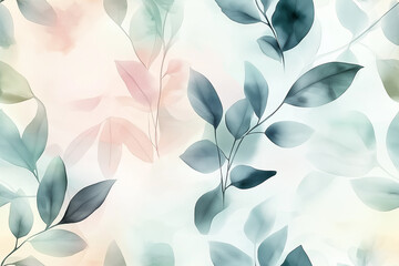 Fototapeta premium Soft watercolor seamless pattern with pastel leaves, creating a calming and elegant design, perfect for textiles, wallpapers, or stationery.