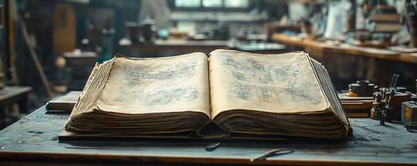 Obraz premium An open sketchbook with worn pages showing craquelure