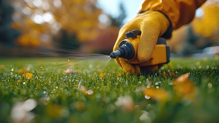 Worker spraying pesticide on a green lawn outdoors for pest control: A close-up view. Concept Pesticide Application, Pest Control, Green Lawn, Close-up Shot, Outdoors