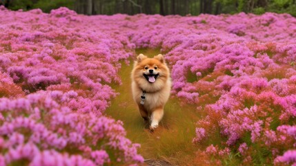A cute dog runs through a field with flowers.