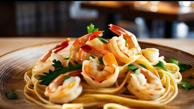 Succulent shrimp saut&eacute;ed in garlic butter, served with linguine and parsley, sitting on a rustic wooden plate with a subtle wooden grain texture, surrounded by a blurred Italian cafe