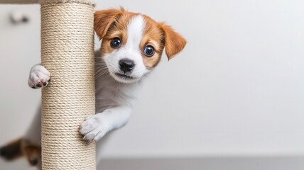 Puppy mimicking a cat's climbing behavior on a scratch post, captured in mid-climb