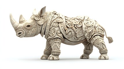 Fototapeta premium 119. **A detailed 3D render of a ceramic tile art depicting a majestic rhinoceros with intricate designs, isolated on a white background