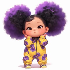 Fototapeta premium Cute chibi baby girl illustration with large purple afro puffs wearing a yellow floral jumpsuit on a white background.
