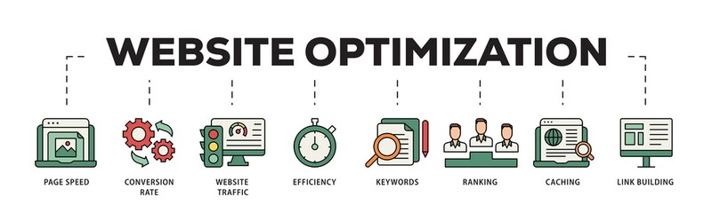 Website optimization icon infographic illustration concept with icon of page speed, conversion rate, website traffic, efficiency, keywords, ranking, caching  icon png and easy to edit 